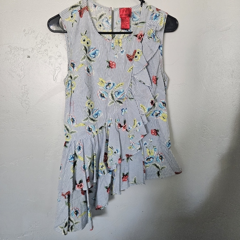 V Christina Women's Medium Floral Striped Sleeveless Top Blouse Asymmetrical Hem